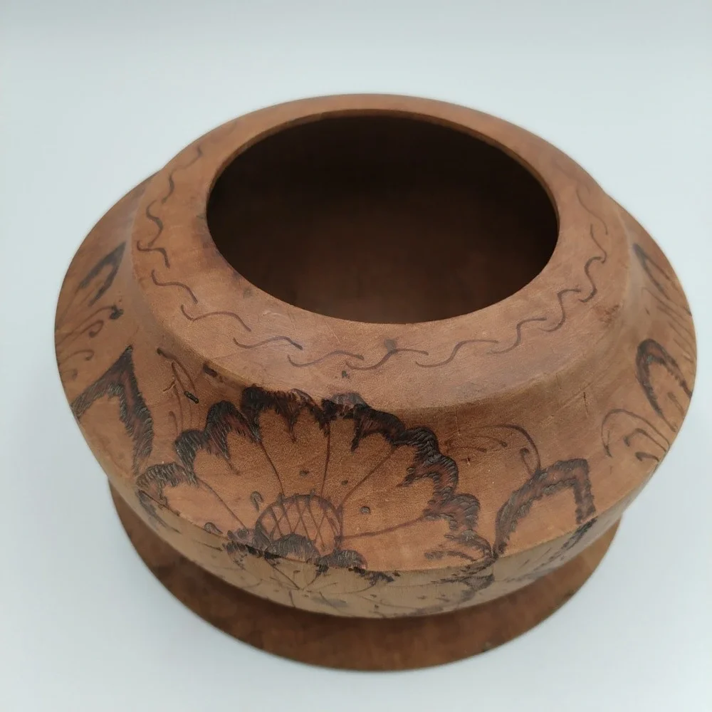 Vintage Hand Turned Wood Bowl Pyrography Floral Design Wood Burned Folk Art Boho